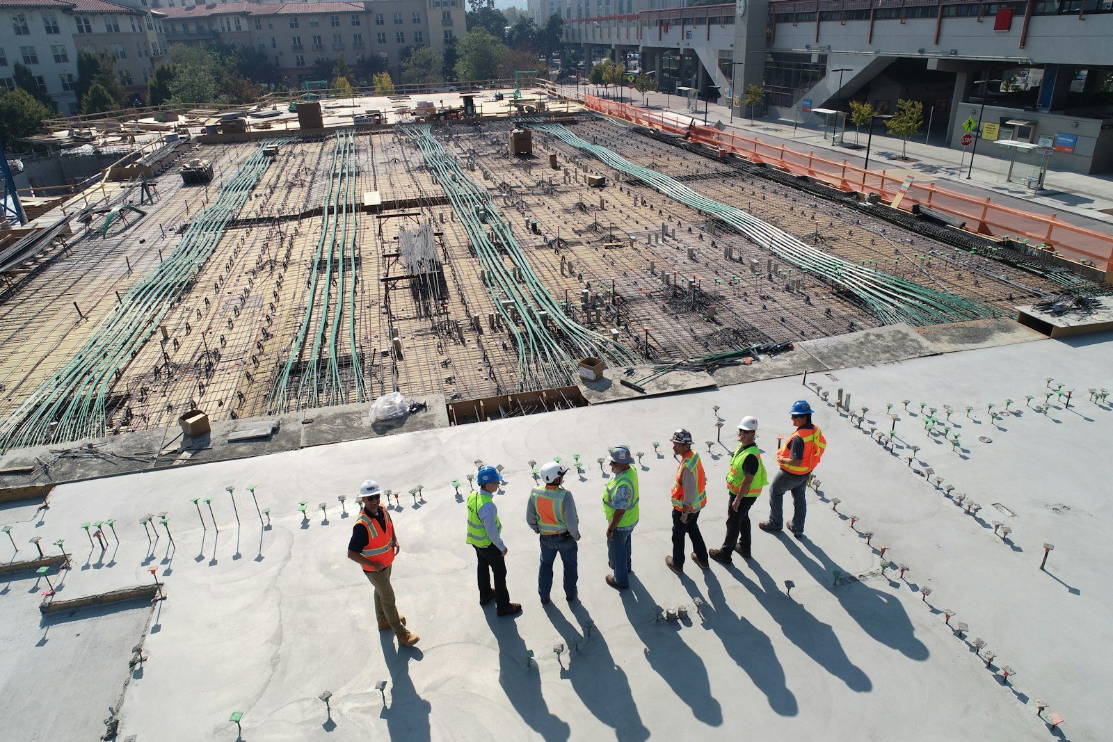 Electrical conduit laid out on a commercial construction site